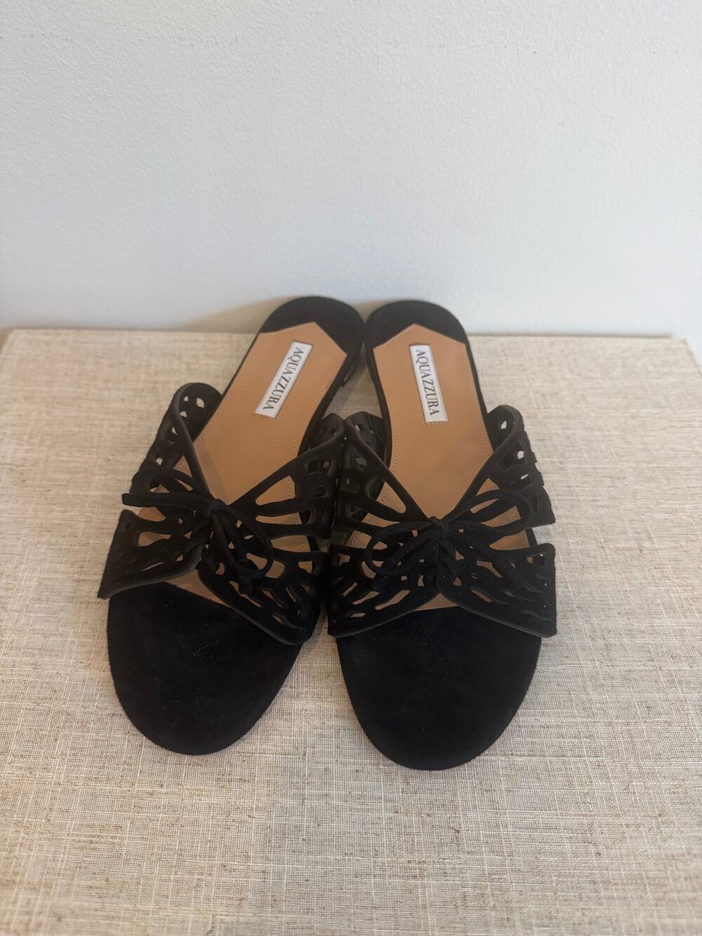 Aquazzura Black Suede Bow Slide Sandals Size 39 Worn Once